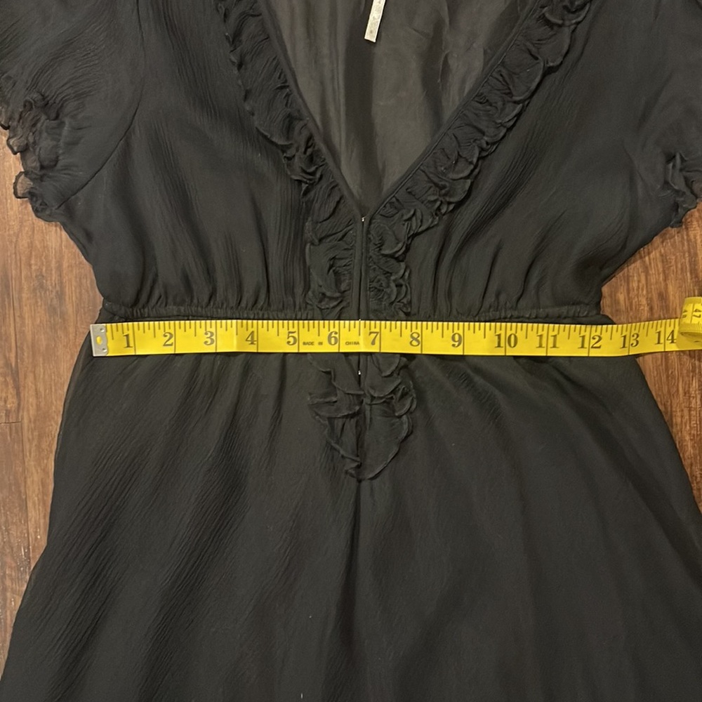 Free People Black Silk Mini Dress Lined Lettuce Edges empire waist ruffle 6 - Picture 6 of 7